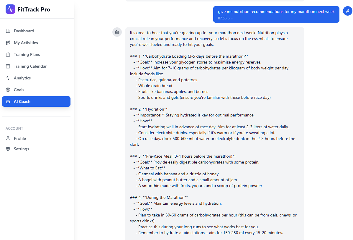 PeakRunner app screen showing an AI coach chat conversation